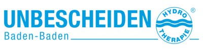 Logo in cyan: Unbescheiden Baden-Baden, circle with wave symbol and the word hydrotherapy arranged in a circle.